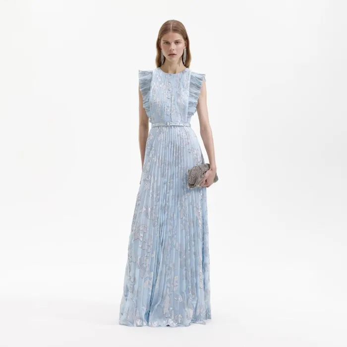Self Portrait Dresses Blue Metallic Chiffon Maxi Dress 8211 Women