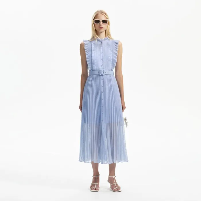 Self Portrait Dresses Blue Metallic Chiffon Midi Dress 8211 Women