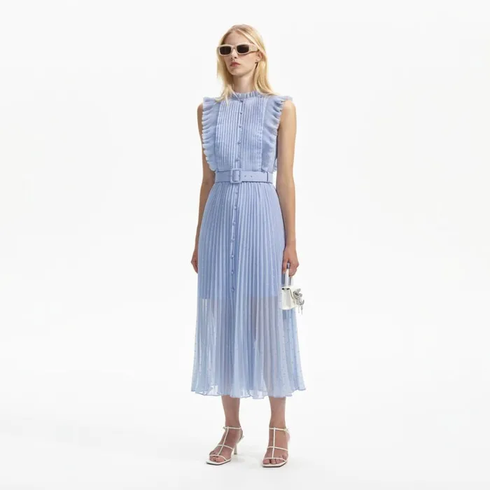 Self Portrait Dresses Blue Metallic Chiffon Midi Dress 8211 Women Self Portrait Dresses Blue Metallic Chiffon Midi Dress 8211 Women