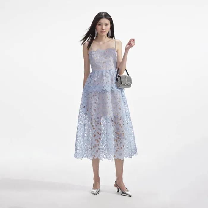 Self Portrait Dresses Blue Organza Lace Midi Dress 8211 Women