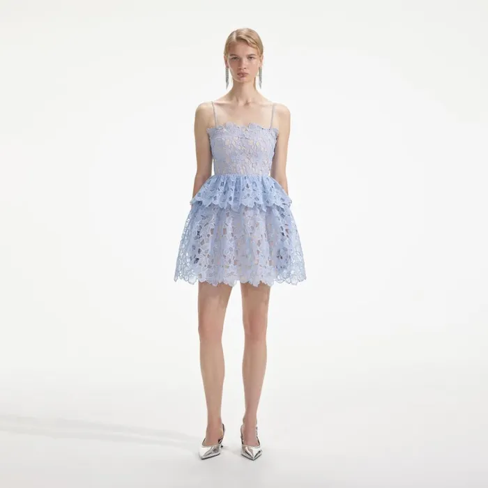 Self Portrait Dresses Blue Organza Lace Mini Dress 8211 Women
