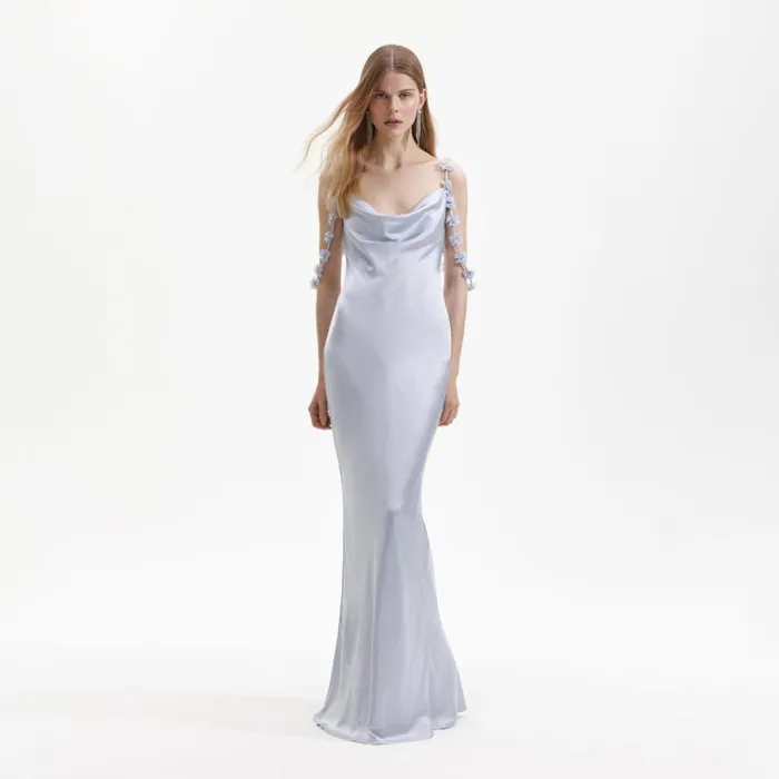 Self Portrait Dresses Blue Satin Flower Maxi Dress 8211 Women
