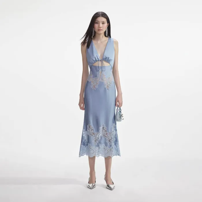 Self Portrait Dresses Blue Satin Lace Insert Midi Dress 8211 Women