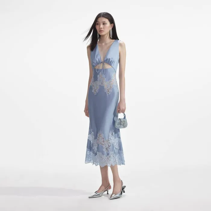 Self Portrait Dresses Blue Satin Lace Insert Midi Dress 8211 Women Self Portrait Dresses Blue Satin Lace Insert Midi Dress 8211 Women