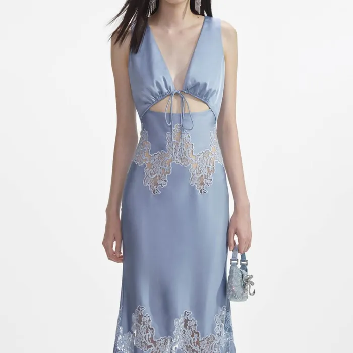 Self Portrait Dresses Blue Satin Lace Insert Midi Dress 8211 Women Self Portrait Dresses Blue Satin Lace Insert Midi Dress 8211 Women