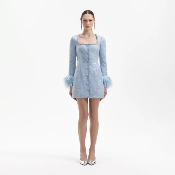 Self Portrait Dresses Blue Sequin Boucle Feather Mini Dress 8211 Women