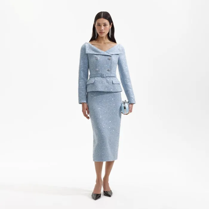 Self Portrait Dresses Blue Sequin Boucle Midi Dress 8211 Women