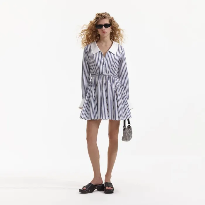 Self Portrait Dresses Blue Stripe Cotton Mini Dress 8211 Women