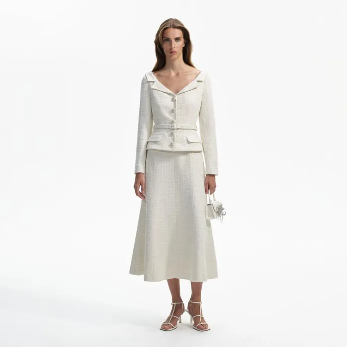 Self Portrait Dresses Cream Boucle Tailored Off Shoulder Midi Dress 8211 Women