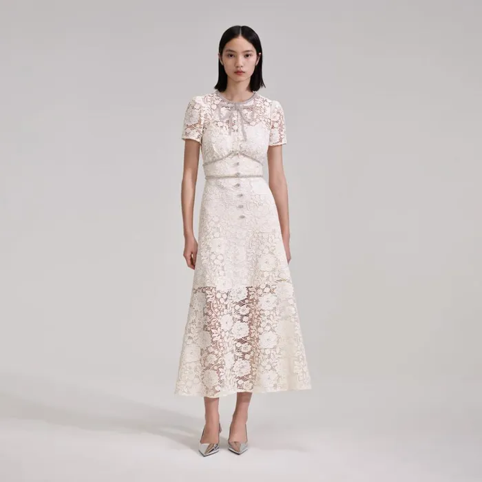 Self Portrait Dresses Cream Cord Lace Bow Midi Dress 8211 Women