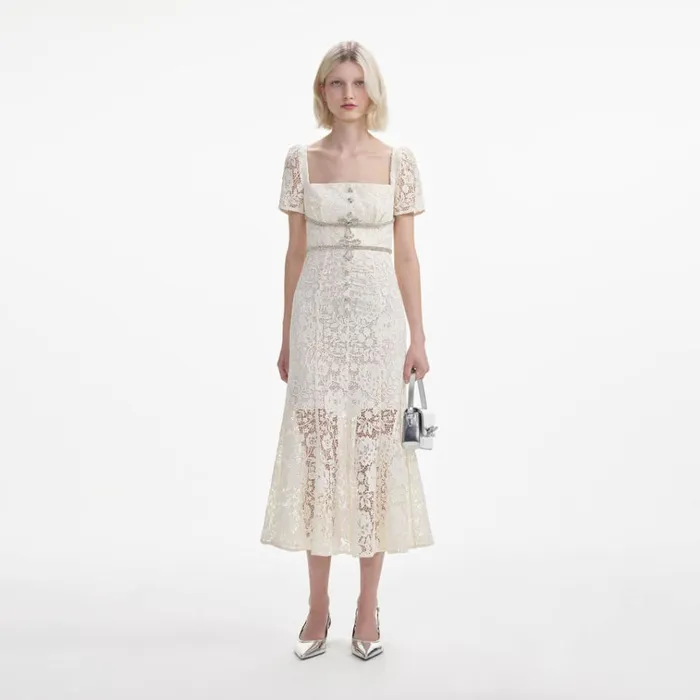 Self Portrait Dresses Cream Lace Diamante Bow Midi Dress 8211 Women