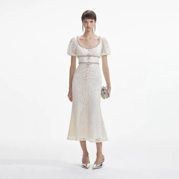 Self Portrait Dresses Cream Lace Diamante Trim Midi Dress 8211 Women