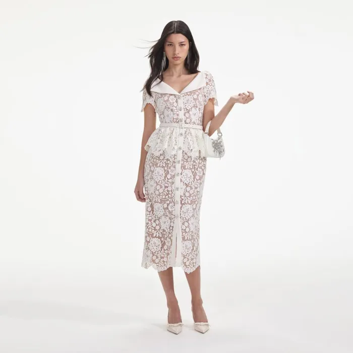Self Portrait Dresses Cream Lace Peplum Midi Dress 8211 Women
