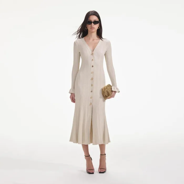 Self Portrait Dresses Cream Metallic Ribbed Midi Dress 8211 Women