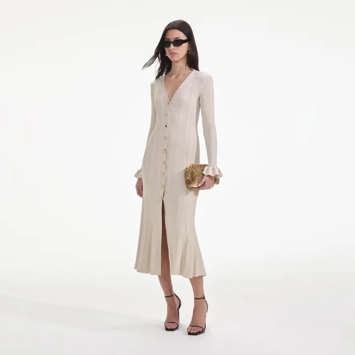 Self Portrait Dresses Cream Metallic Ribbed Midi Dress 8211 Women Self Portrait Dresses Cream Metallic Ribbed Midi Dress 8211 Women