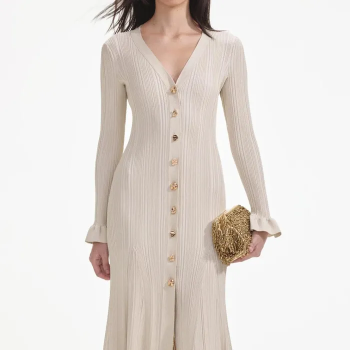 Self Portrait Dresses Cream Metallic Ribbed Midi Dress 8211 Women Self Portrait Dresses Cream Metallic Ribbed Midi Dress 8211 Women