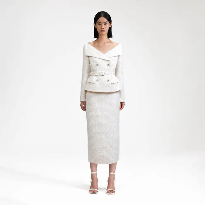 Self Portrait Dresses Cream Off Shoulder Boucle Midi Dress 8211 Women