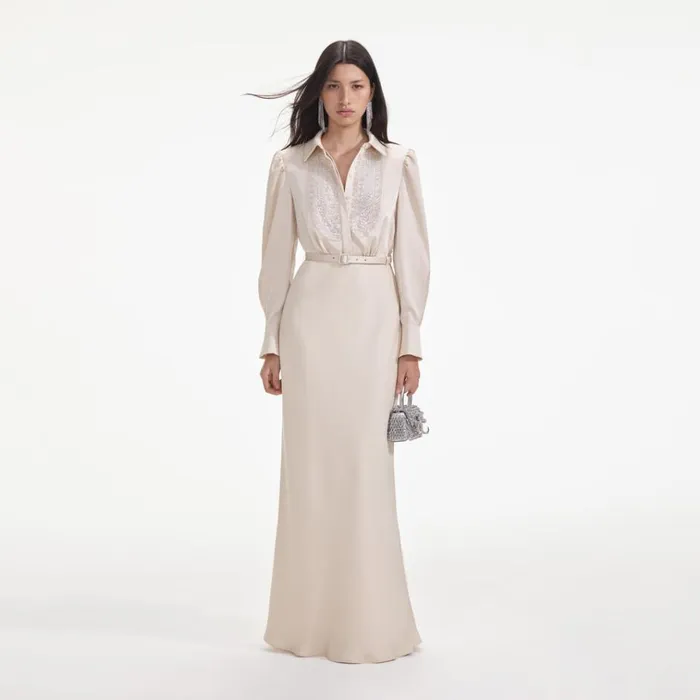 Self Portrait Dresses Cream Satin Embellished Bib Maxi Dress 8211 Women