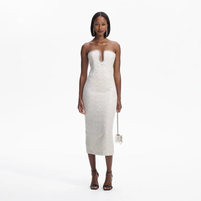Self Portrait Dresses Cream Sequin Boucle Strapless Midi Dress 8211 Women