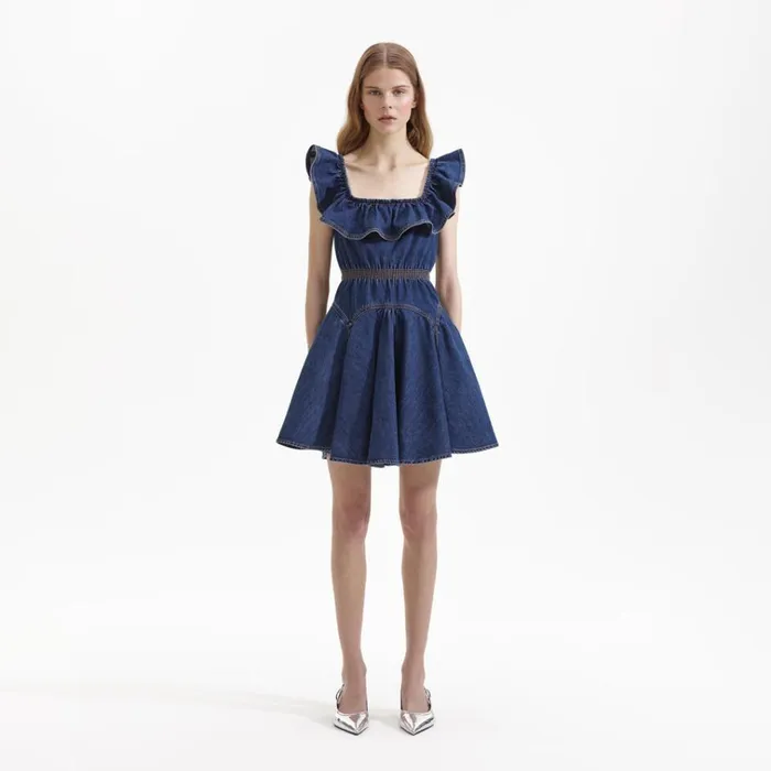 Self Portrait Dresses Denim Ruffle Mini Dress 8211 Women
