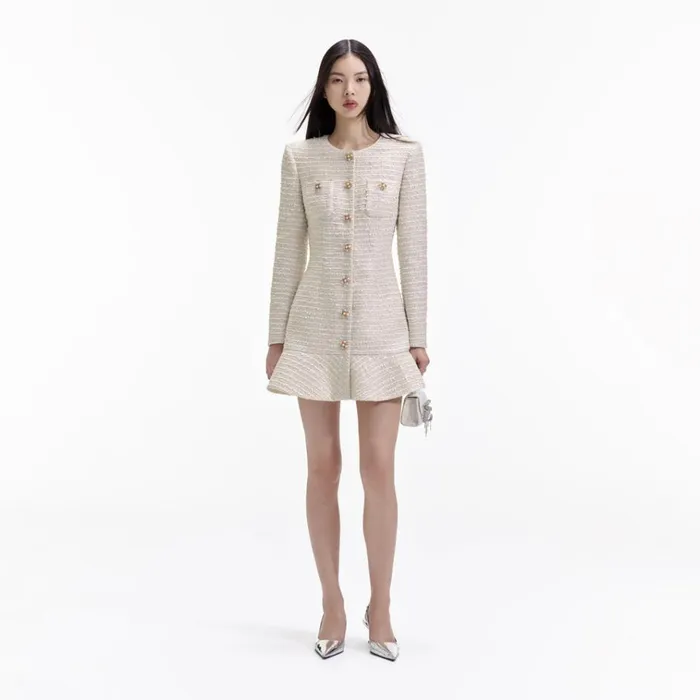 Self Portrait Dresses Gold Boucle Long Sleeve Mini Dress 8211 Women