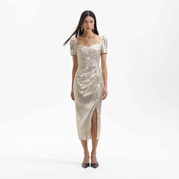 Self Portrait Dresses Gold Metallic Midi Dress 8211 Women