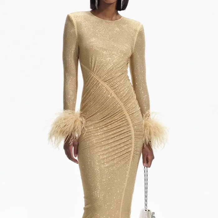 Self Portrait Dresses Gold Rhinestone Feather Midi Dress 8211 Women Self Portrait Dresses Gold Rhinestone Feather Midi Dress 8211 Women