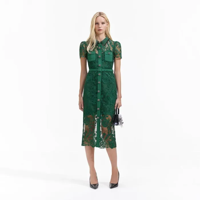 Self Portrait Dresses Green Lace Button Front Midi Dress 8211 Women