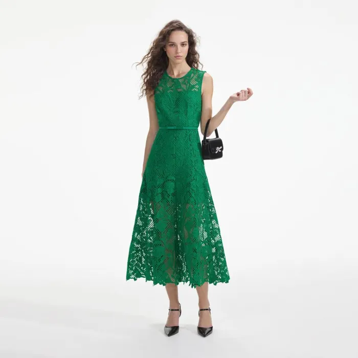 Self Portrait Dresses Green Lace Sleeveless Midi Dress 8211 Women