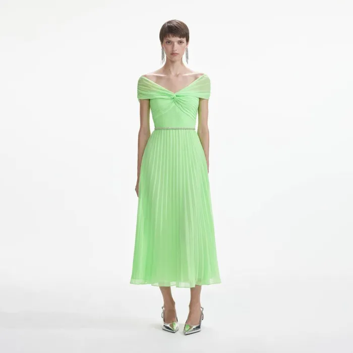 Self Portrait Dresses Green Off Shoulder Chiffon Midi Dress 8211 Women