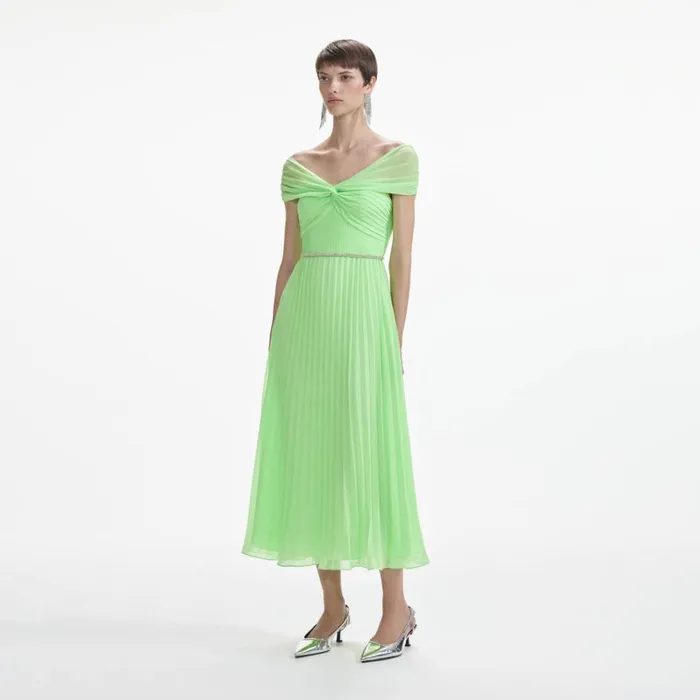 Self Portrait Dresses Green Off Shoulder Chiffon Midi Dress 8211 Women Self Portrait Dresses Green Off Shoulder Chiffon Midi Dress 8211 Women