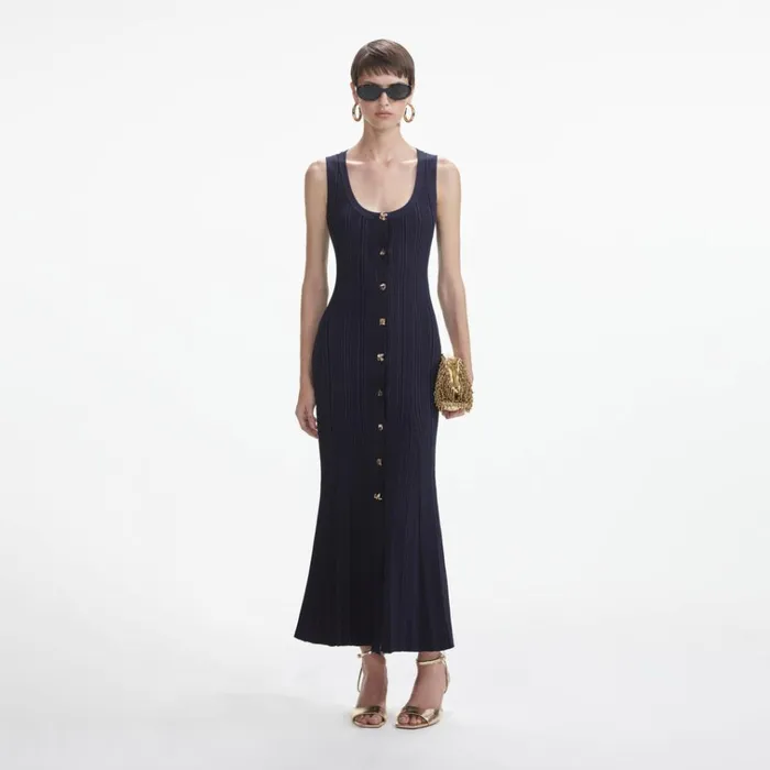 Self Portrait Dresses Navy Viscose Knit Midi Dress 8211 Women