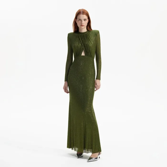 Self Portrait Dresses Olive Green Rhinestone Maxi Dress 8211 Women