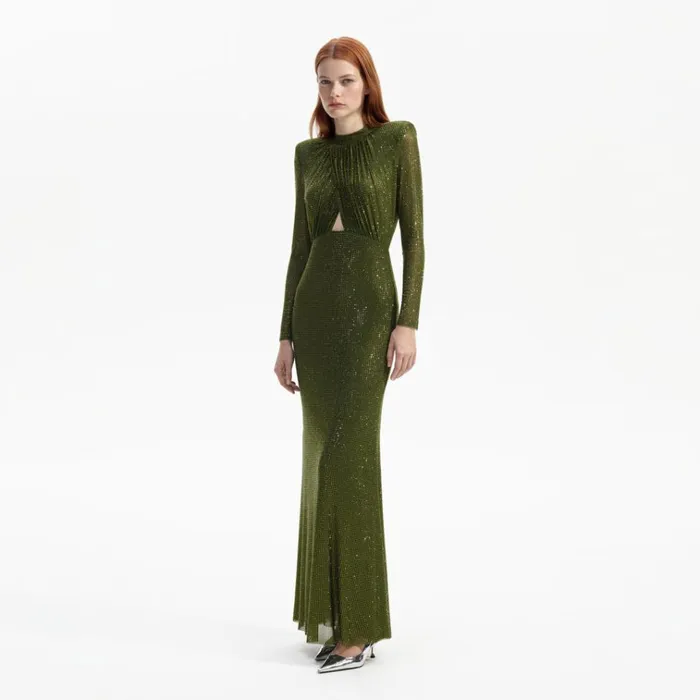 Self Portrait Dresses Olive Green Rhinestone Maxi Dress 8211 Women Self Portrait Dresses Olive Green Rhinestone Maxi Dress 8211 Women
