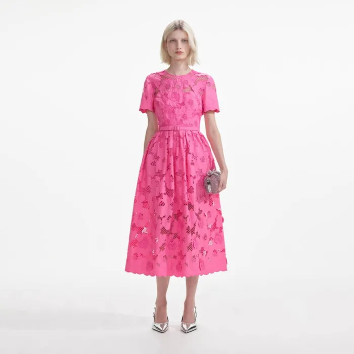 Self Portrait Dresses Pink Cotton Lace Midi Dress 8211 Women