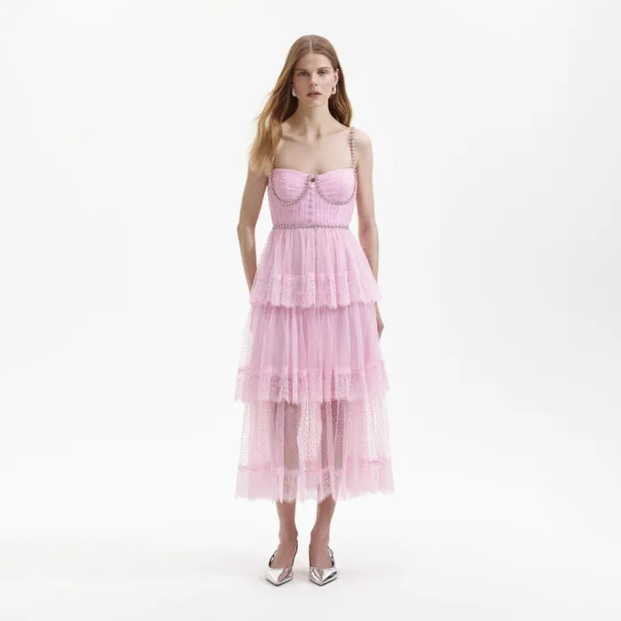 Self Portrait Dresses Pink Dot Mesh Tier Midi Dress 8211 Women