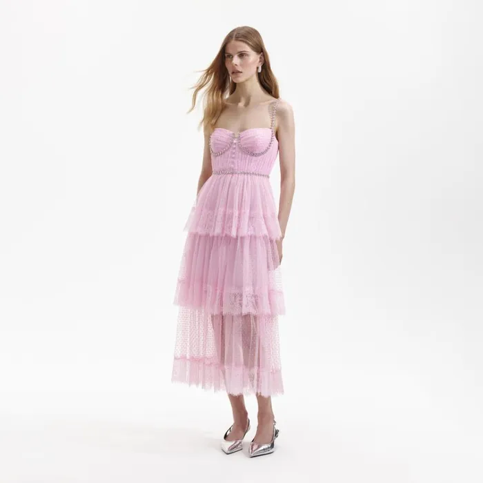 Self Portrait Dresses Pink Dot Mesh Tier Midi Dress 8211 Women Self Portrait Dresses Pink Dot Mesh Tier Midi Dress 8211 Women