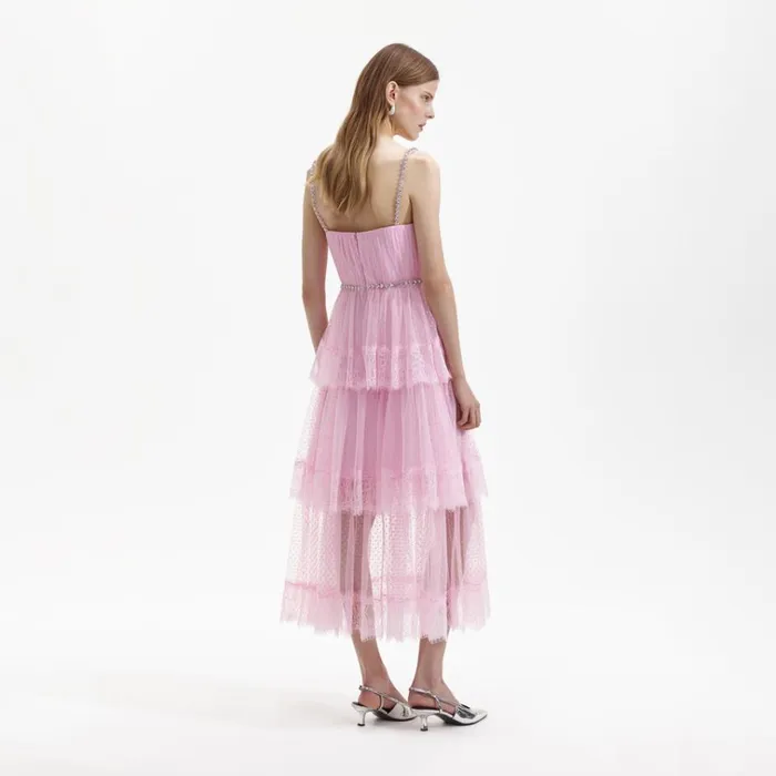 Self Portrait Dresses Pink Dot Mesh Tier Midi Dress 8211 Women Self Portrait Dresses Pink Dot Mesh Tier Midi Dress 8211 Women