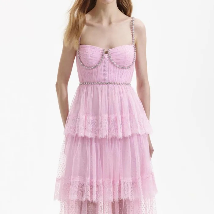 Self Portrait Dresses Pink Dot Mesh Tier Midi Dress 8211 Women Self Portrait Dresses Pink Dot Mesh Tier Midi Dress 8211 Women