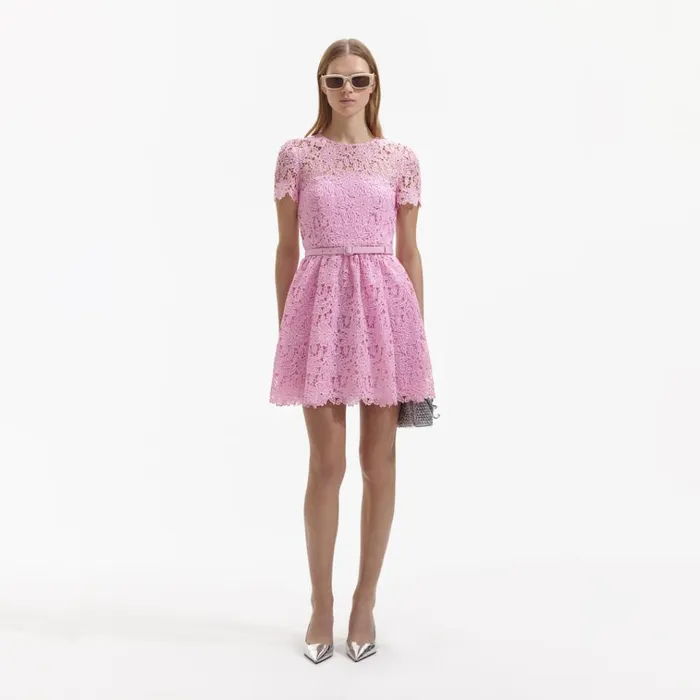 Self Portrait Dresses Pink Guipure Round Neck Mini Dress 8211 Women
