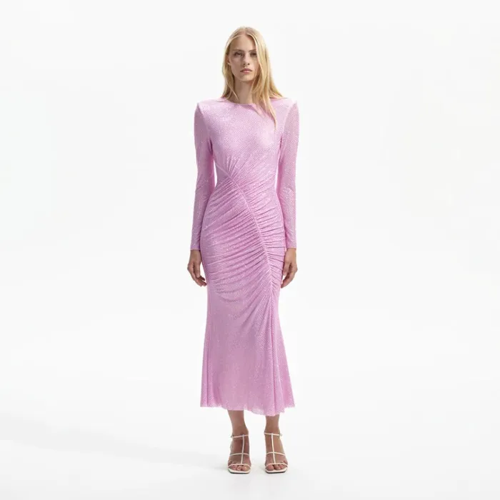 Self Portrait Dresses Pink Rhinestone Mesh Gathered Midi Dress 8211 Women