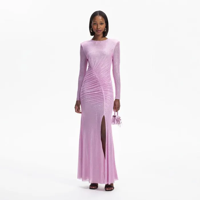 Self Portrait Dresses Pink Rhinestone Mesh Maxi Dress 8211 Women
