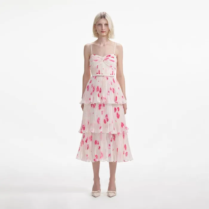 Self Portrait Dresses Printed Chiffon Tiered Midi Dress 8211 Women