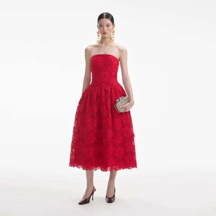 Self Portrait Dresses Red Bandeau Lace Midi Dress 8211 Women