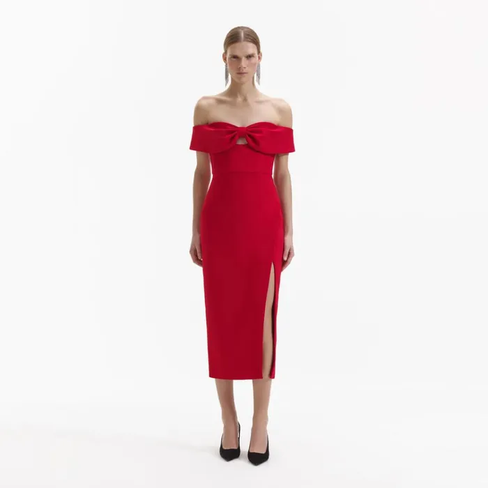 Self Portrait Dresses Red Crepe Off Shoulder Bow Midi Dress 8211 Women