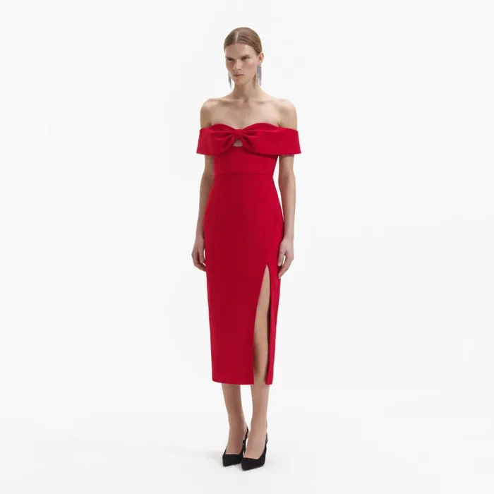 Self Portrait Dresses Red Crepe Off Shoulder Bow Midi Dress 8211 Women Self Portrait Dresses Red Crepe Off Shoulder Bow Midi Dress 8211 Women
