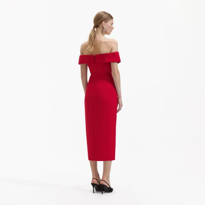 Self Portrait Dresses Red Crepe Off Shoulder Bow Midi Dress 8211 Women Self Portrait Dresses Red Crepe Off Shoulder Bow Midi Dress 8211 Women