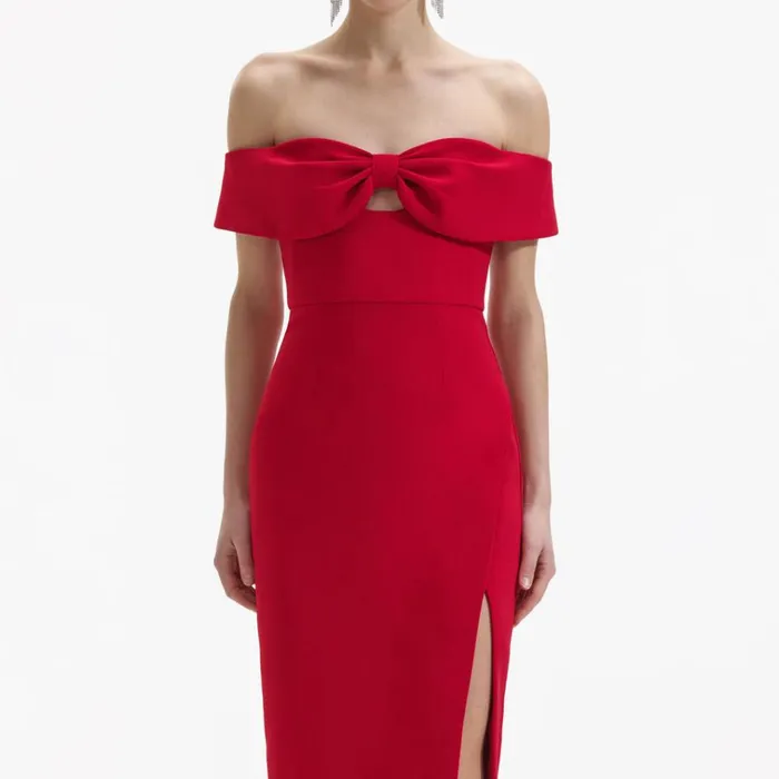 Self Portrait Dresses Red Crepe Off Shoulder Bow Midi Dress 8211 Women Self Portrait Dresses Red Crepe Off Shoulder Bow Midi Dress 8211 Women