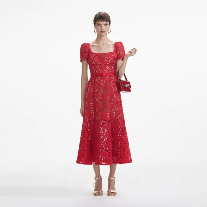 Self Portrait Dresses Red Floral Lace Midi Dress 8211 Women