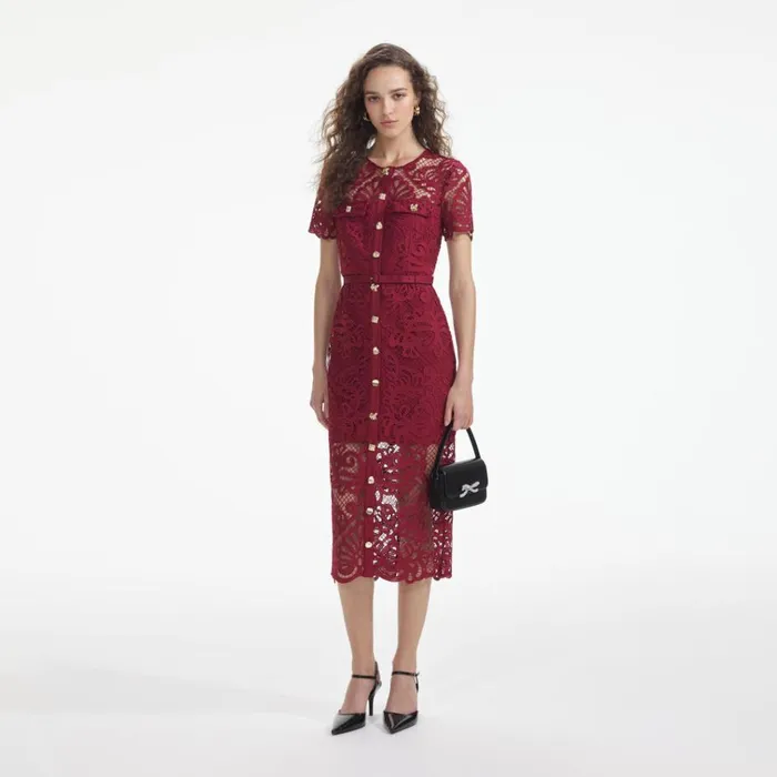 Self Portrait Dresses Red Guipure Lace Button Midi Dress 8211 Women
